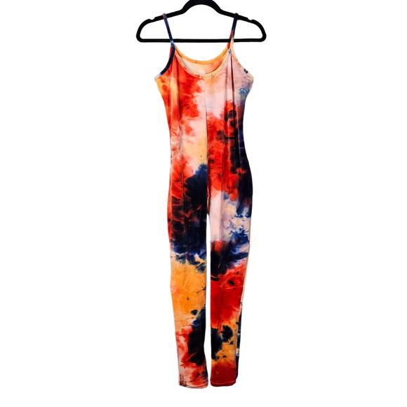 Roma Concept Jumpsuit XL Colorful Tie-dye Velvet Velour Stretchy Hippie Rainbow - Picture 3 of 15